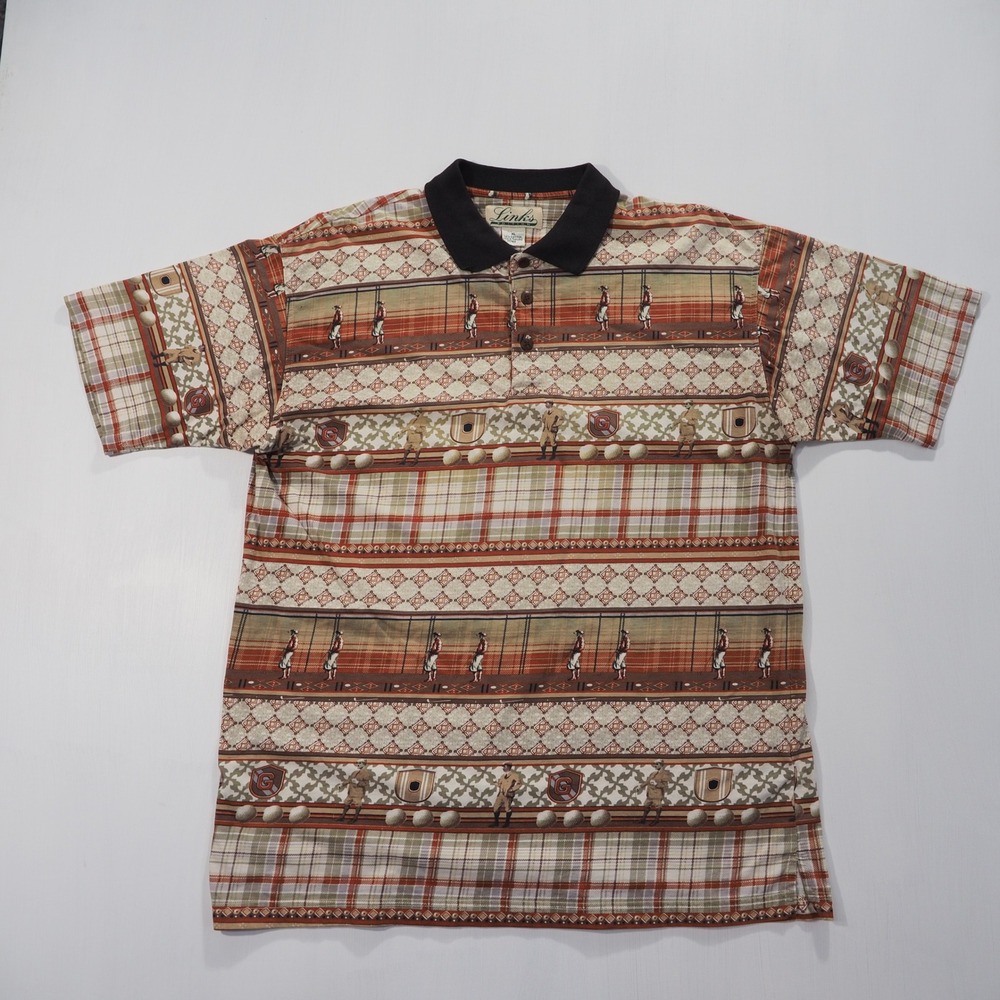 Vintage Polo Player Golf Print Shirt Mens Extra Large Tan Plaid Abstract Cotton
